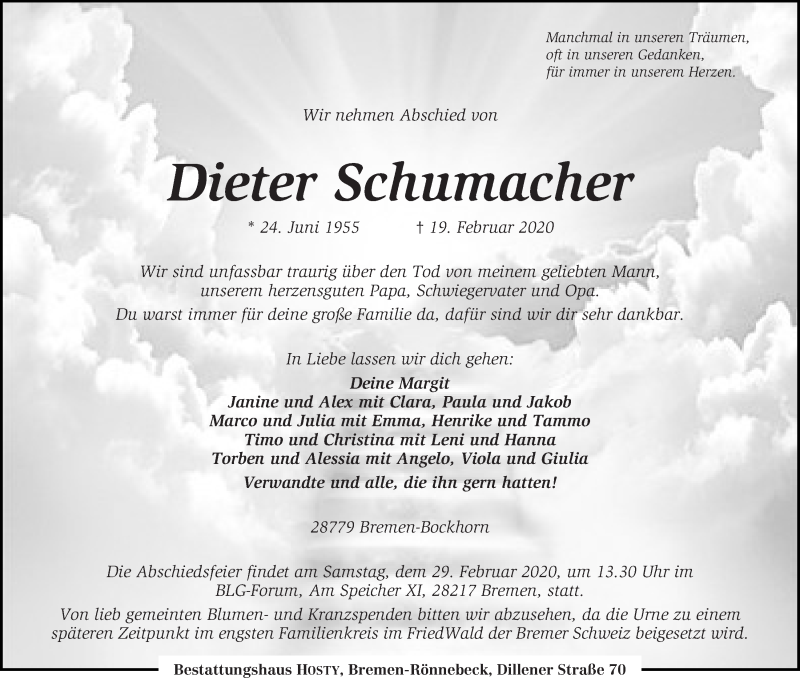  Traueranzeige für Dieter Schumacher vom 22.02.2020 aus Die Norddeutsche