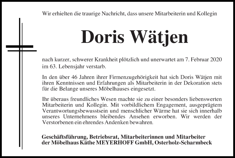  Traueranzeige für Doris Wätjen vom 13.02.2020 aus Osterholzer Kreisblatt