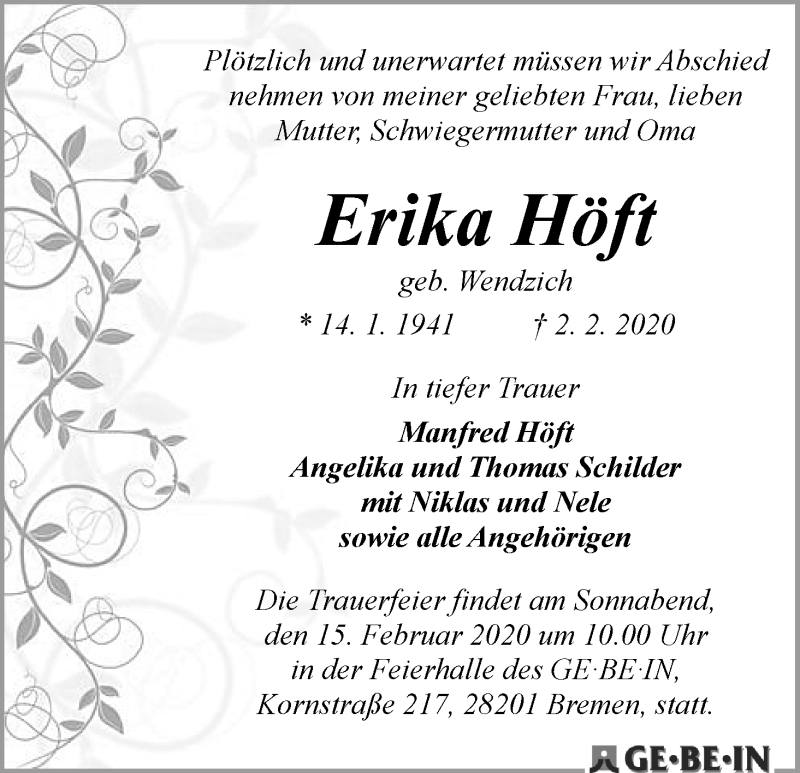  Traueranzeige für Erika Höft vom 08.02.2020 aus WESER-KURIER