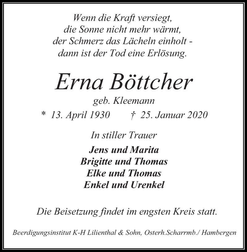  Traueranzeige für Erna Böttcher vom 01.02.2020 aus WESER-KURIER