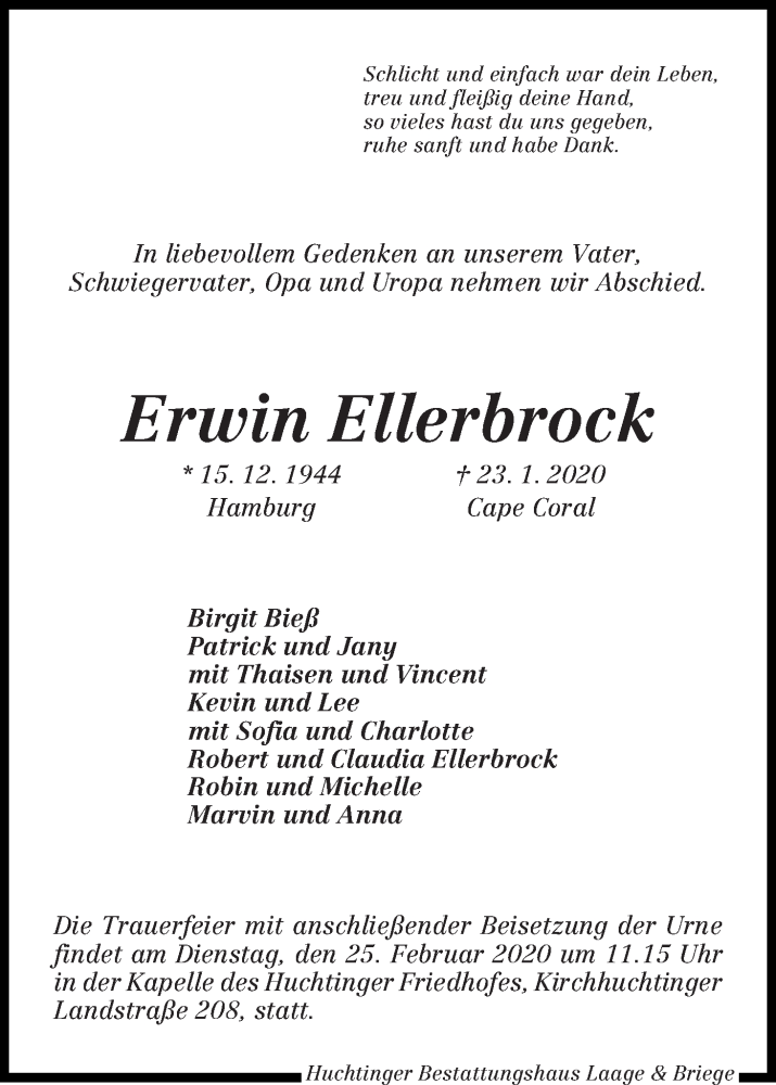  Traueranzeige für Erwin Ellerbrock vom 15.02.2020 aus WESER-KURIER