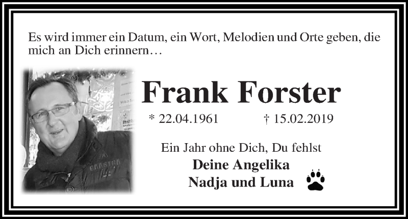  Traueranzeige für Frank Forster vom 15.02.2020 aus WESER-KURIER
