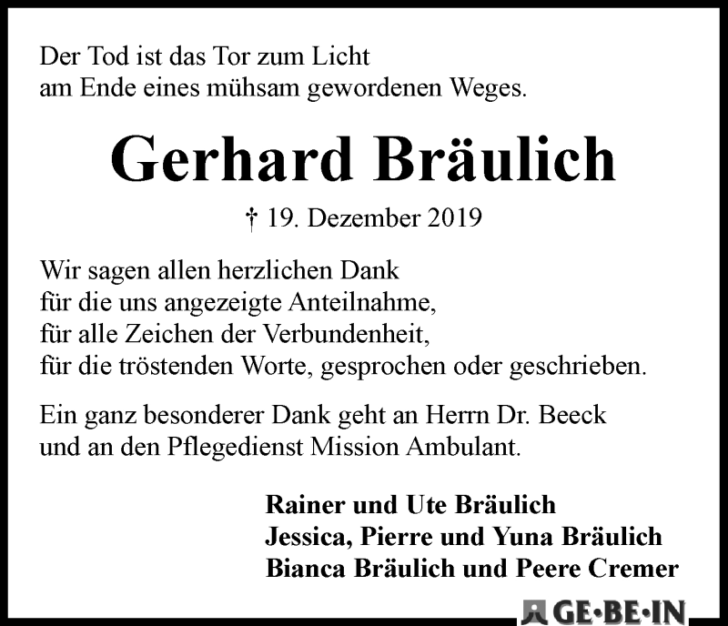 Traueranzeige von Gerhard Bräulich von WESER-KURIER