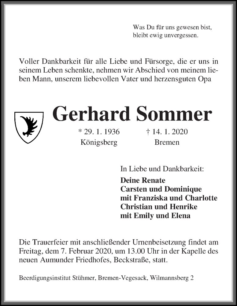  Traueranzeige für Gerhard Sommer vom 01.02.2020 aus Die Norddeutsche
