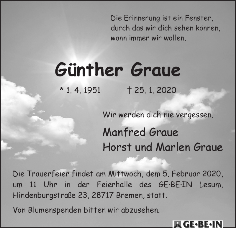  Traueranzeige für Günther Graue vom 01.02.2020 aus Die Norddeutsche