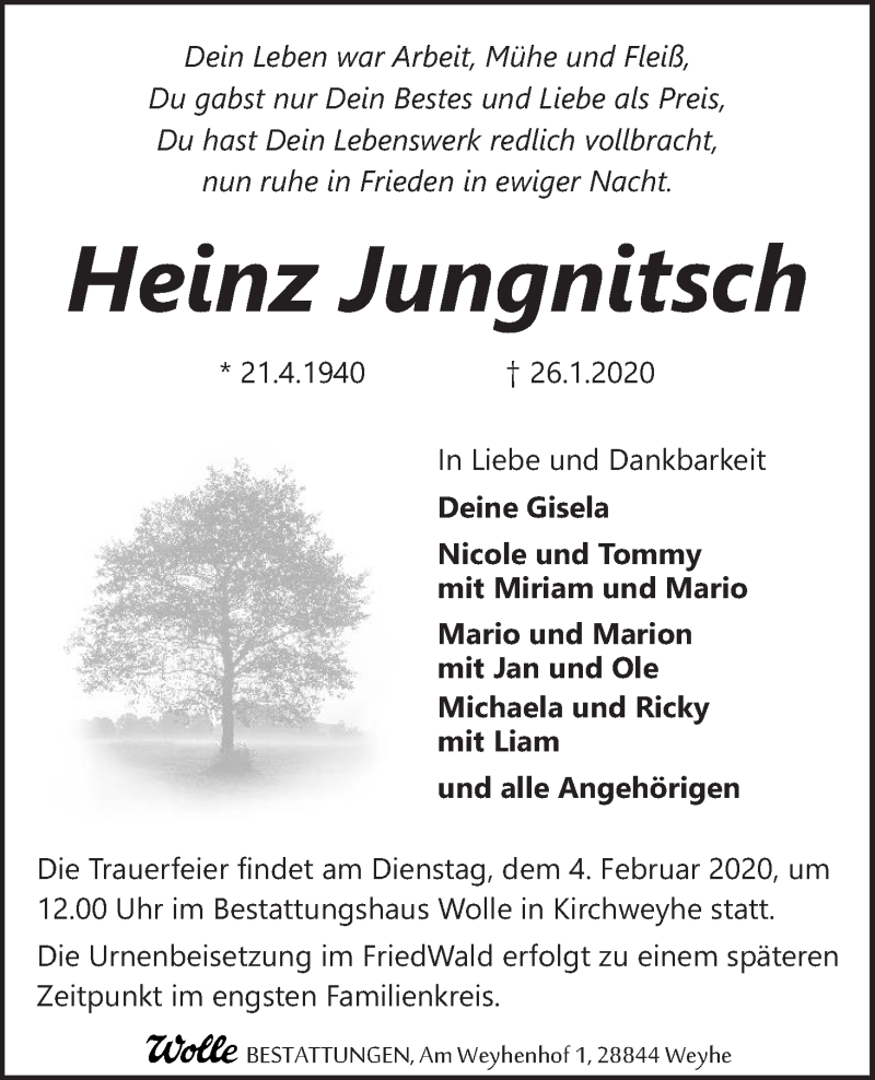  Traueranzeige für Heinz Jungnitsch vom 01.02.2020 aus WESER-KURIER
