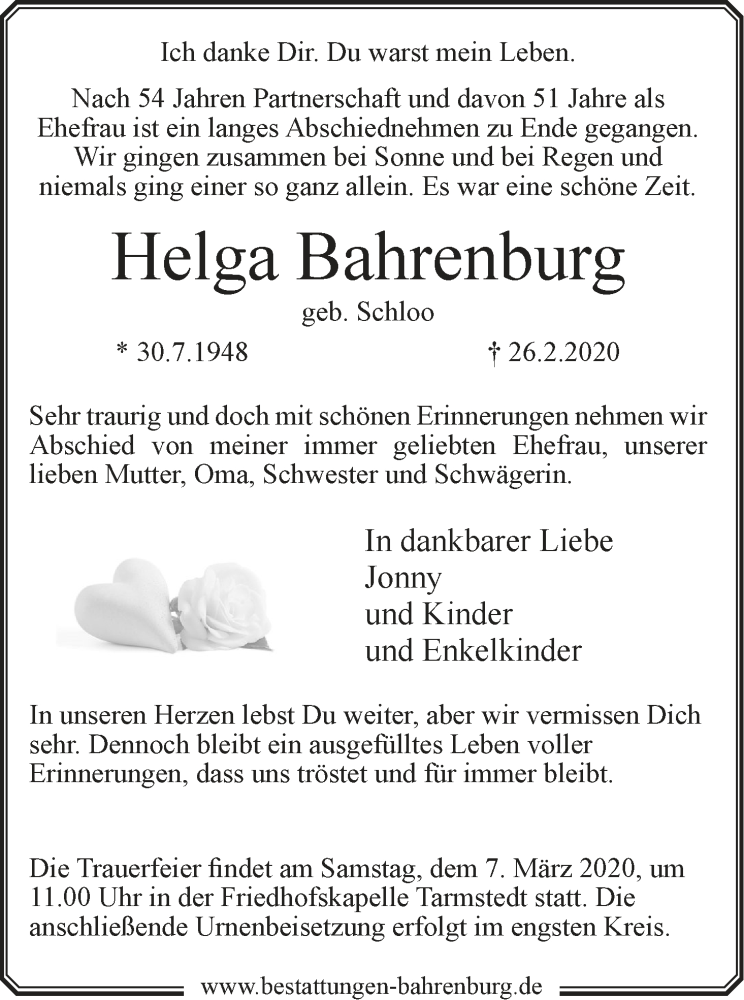 Traueranzeige von Helga Bahrenburg von Wuemme Zeitung