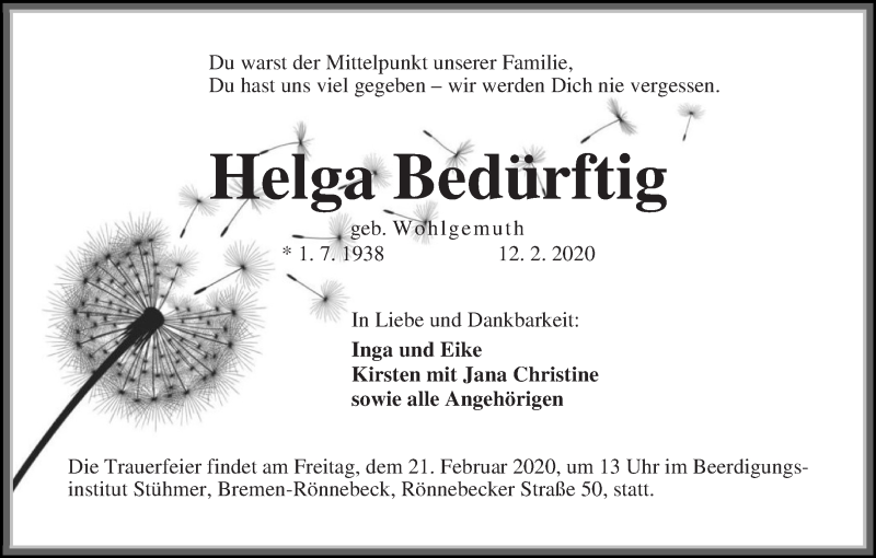 Traueranzeige für Helga Bedürftig vom 15.02.2020 aus Die Norddeutsche