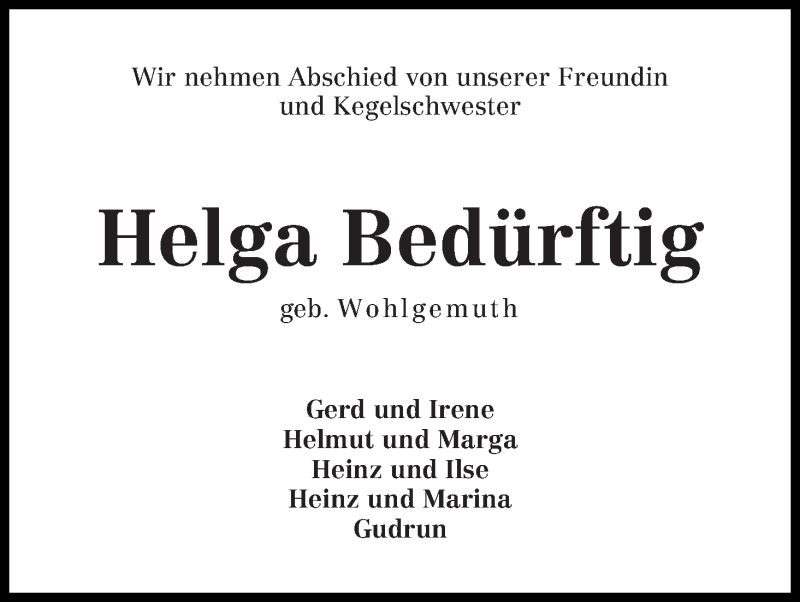  Traueranzeige für Helga Bedürftig vom 18.02.2020 aus Die Norddeutsche