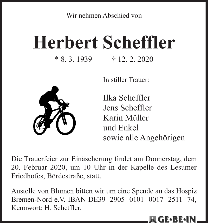  Traueranzeige für Herbert Scheffler vom 15.02.2020 aus Die Norddeutsche