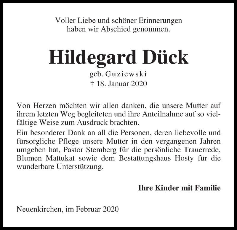 Traueranzeige von Hildegard Dück von Die Norddeutsche