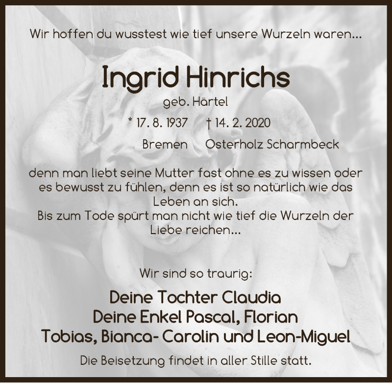  Traueranzeige für Ingrid Hinrichs vom 25.02.2020 aus Osterholzer Kreisblatt