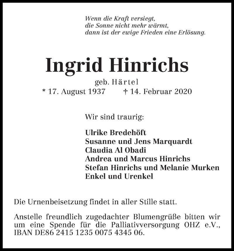  Traueranzeige für Ingrid Hinrichs vom 21.02.2020 aus Osterholzer Kreisblatt