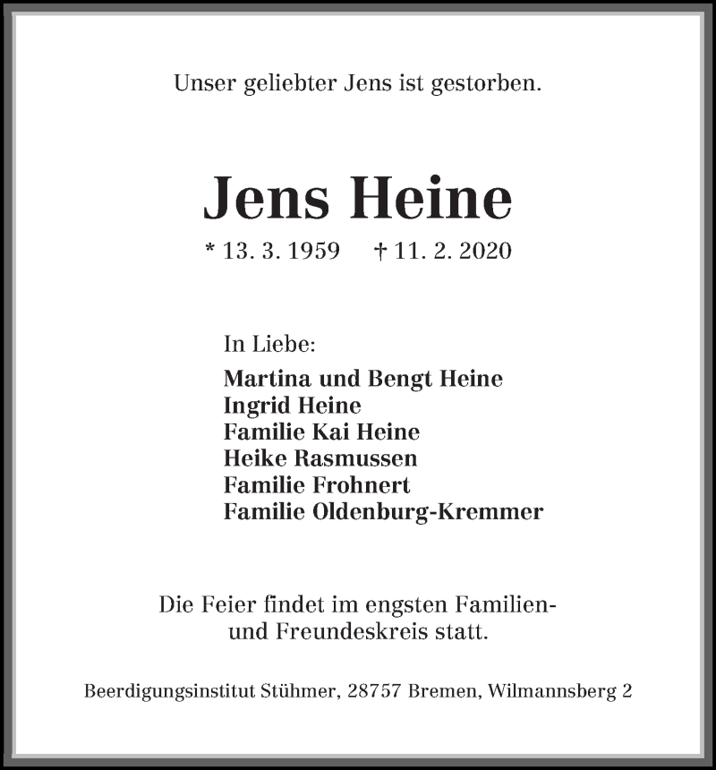  Traueranzeige für Jens Heine vom 15.02.2020 aus WESER-KURIER