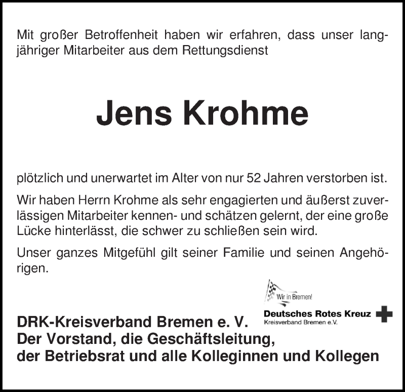 Traueranzeige von Jens Krohme von WESER-KURIER