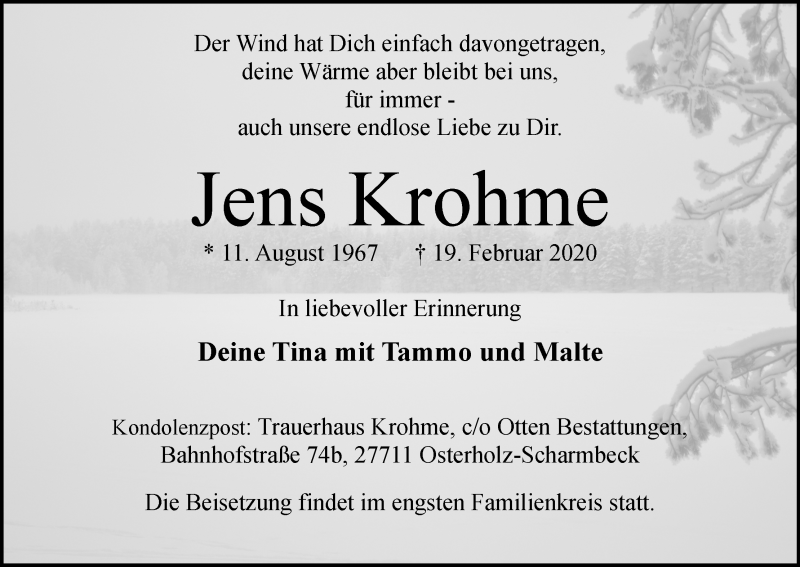 Traueranzeige von Jens Krohme von Osterholzer Kreisblatt