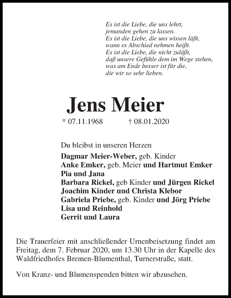  Traueranzeige für Jens Meier vom 01.02.2020 aus Die Norddeutsche