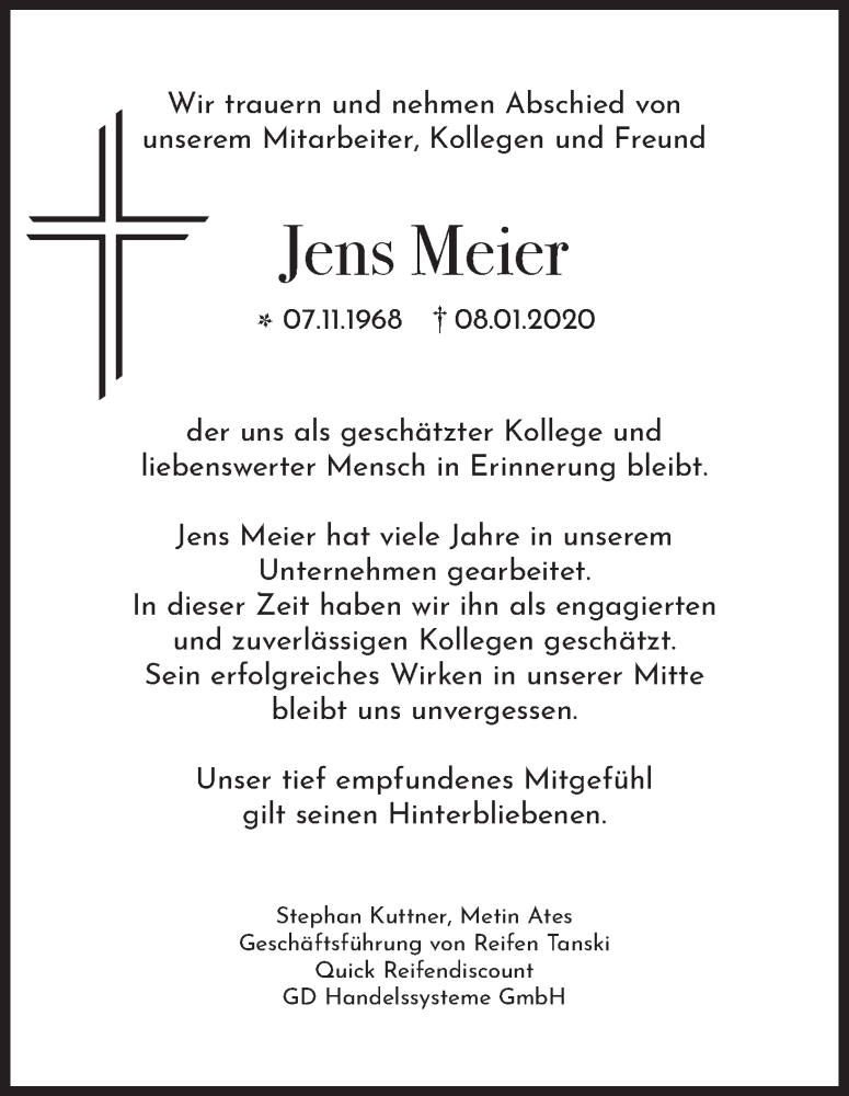  Traueranzeige für Jens Meier vom 01.02.2020 aus WESER-KURIER