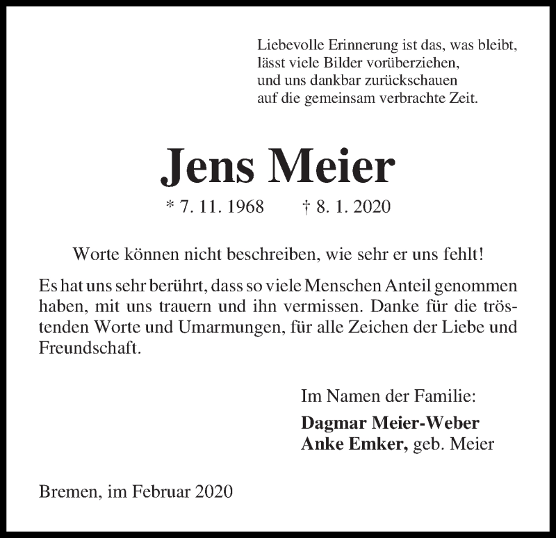  Traueranzeige für Jens Meier vom 22.02.2020 aus WESER-KURIER