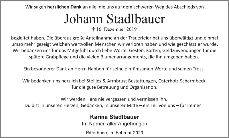  Traueranzeige für Johann Stadlbauer vom 01.02.2020 aus WESER-KURIER