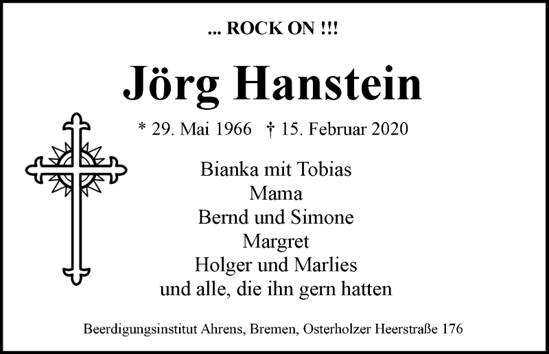  Traueranzeige für Jörg Hanstein vom 29.02.2020 aus WESER-KURIER