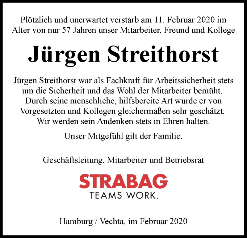  Traueranzeige für Jürgen Streithorst vom 28.02.2020 aus WESER-KURIER