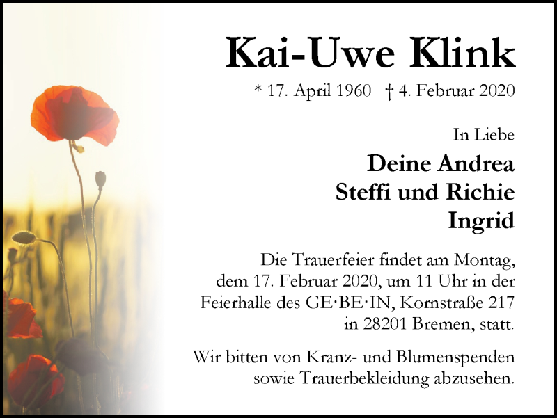  Traueranzeige für Kai-Uwe Klink vom 12.02.2020 aus WESER-KURIER