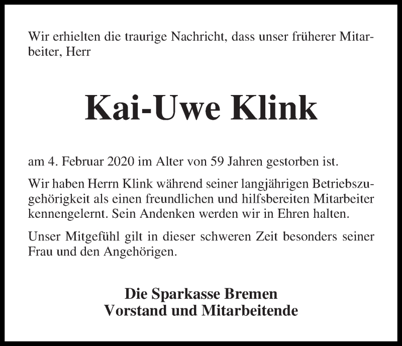  Traueranzeige für Kai-Uwe Klink vom 12.02.2020 aus WESER-KURIER