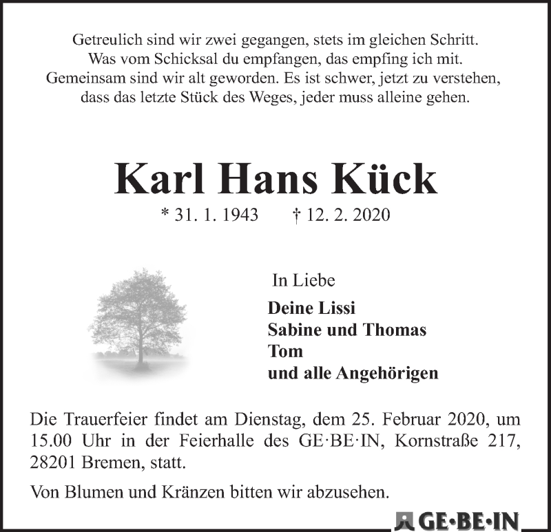  Traueranzeige für Karl Hans Kück vom 19.02.2020 aus WESER-KURIER