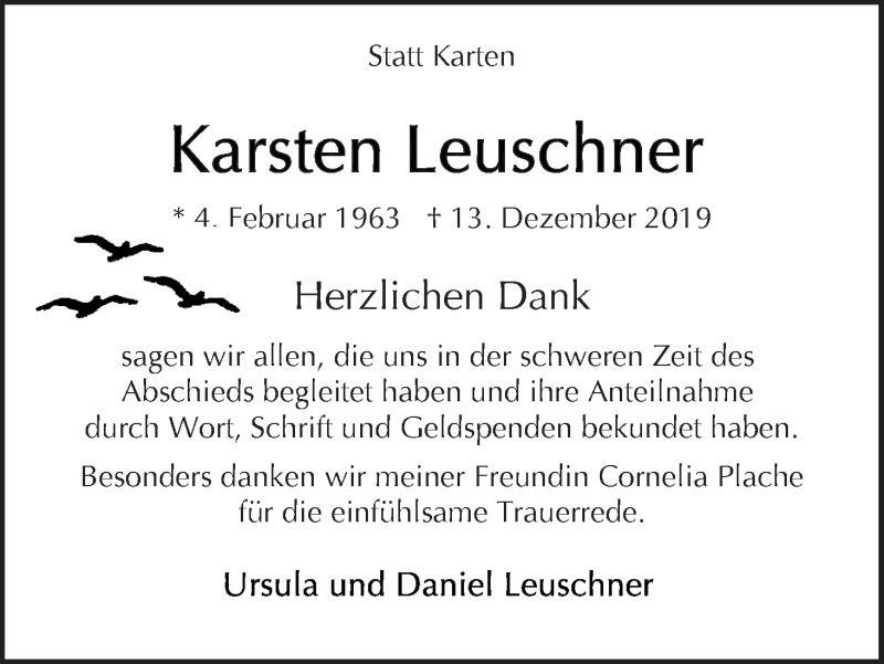  Traueranzeige für Karsten Leuschner vom 01.02.2020 aus WESER-KURIER