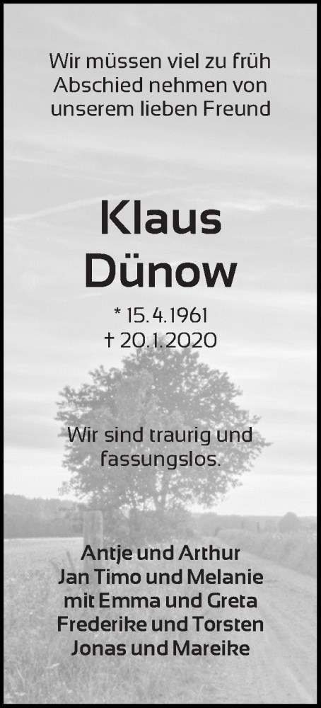  Traueranzeige für Klaus Dünow vom 01.02.2020 aus WESER-KURIER