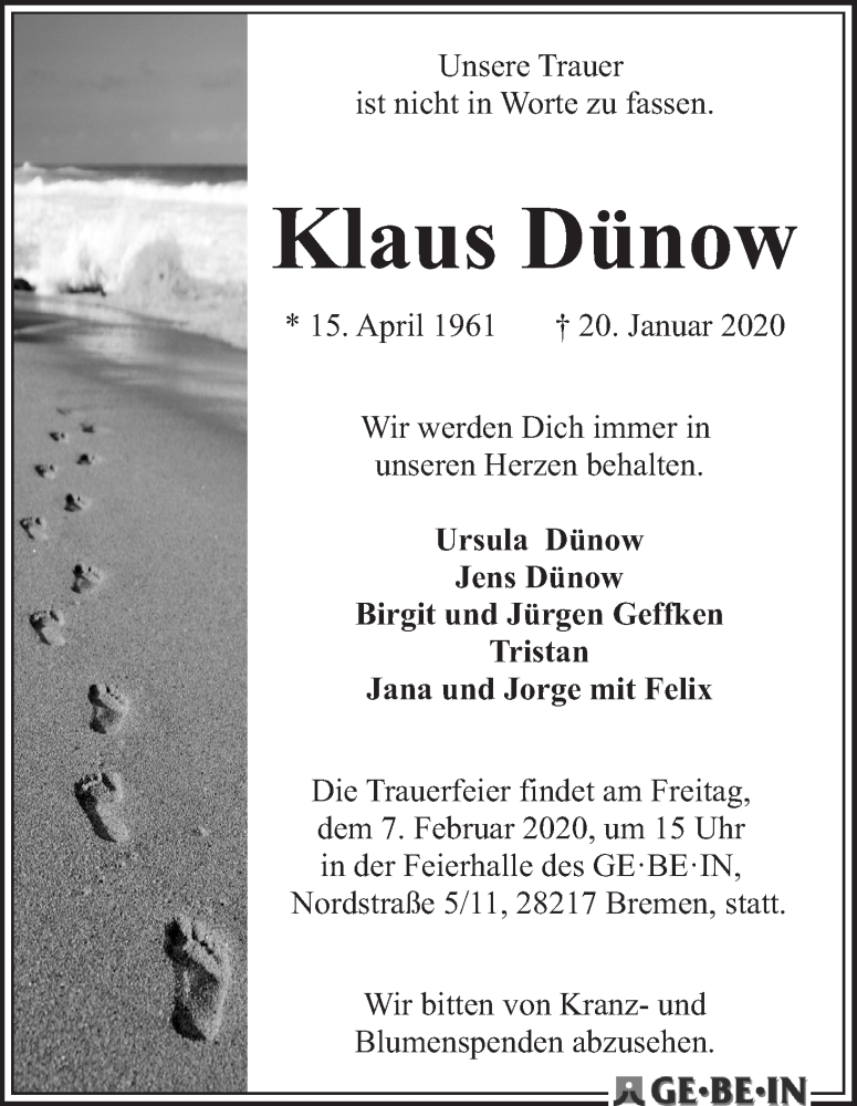  Traueranzeige für Klaus Dünow vom 01.02.2020 aus WESER-KURIER