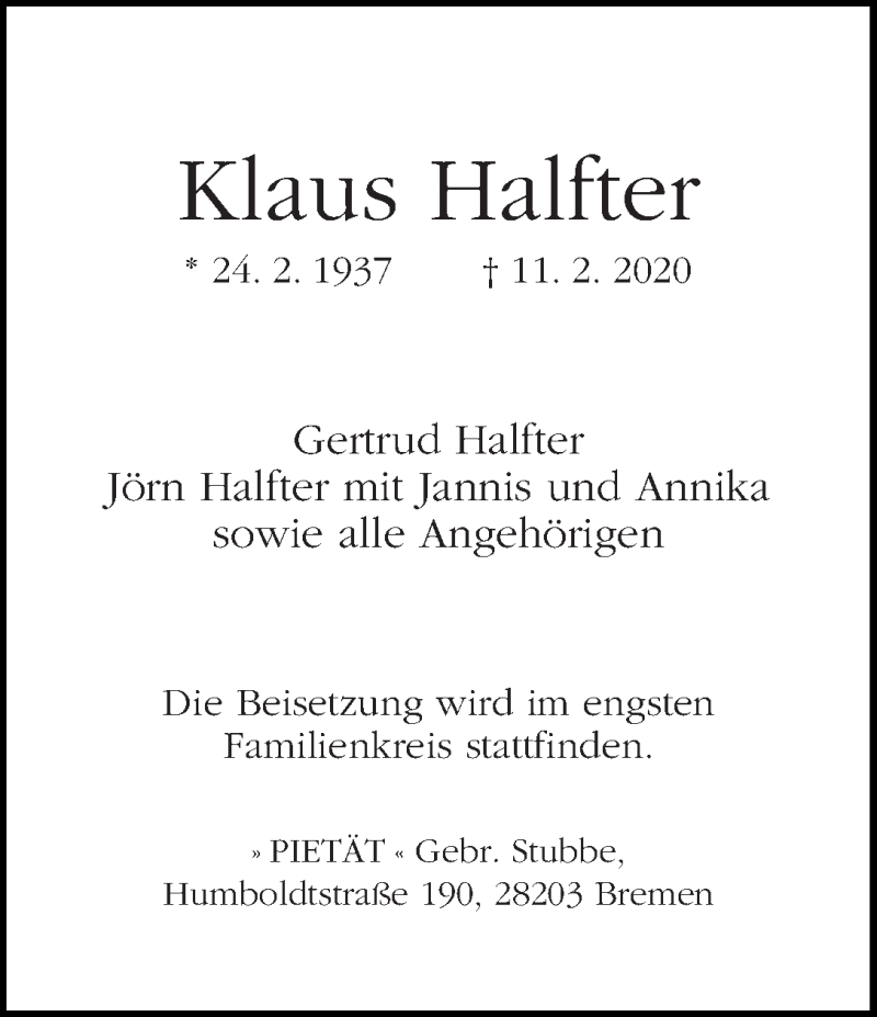  Traueranzeige für Klaus Halfter vom 15.02.2020 aus WESER-KURIER
