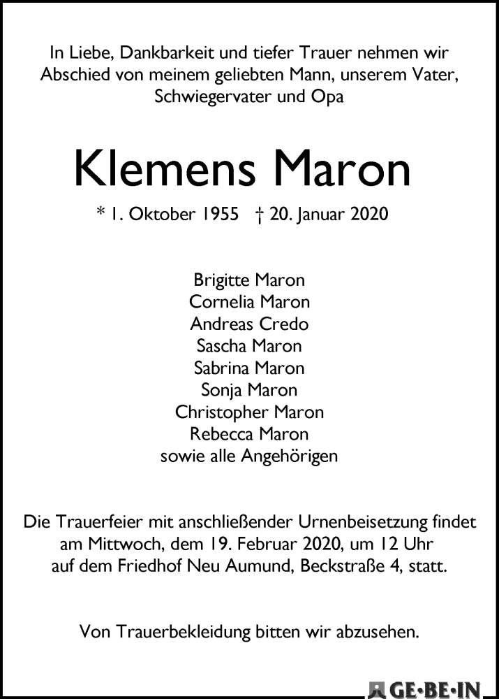  Traueranzeige für Klemens Maron vom 08.02.2020 aus WESER-KURIER