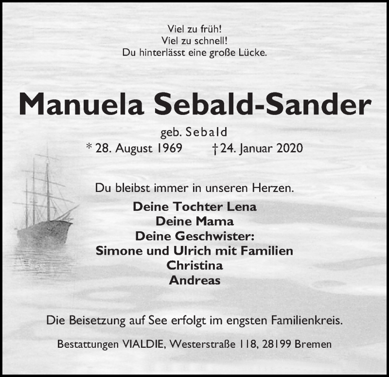  Traueranzeige für Manuela Sebald-Sander vom 01.02.2020 aus WESER-KURIER