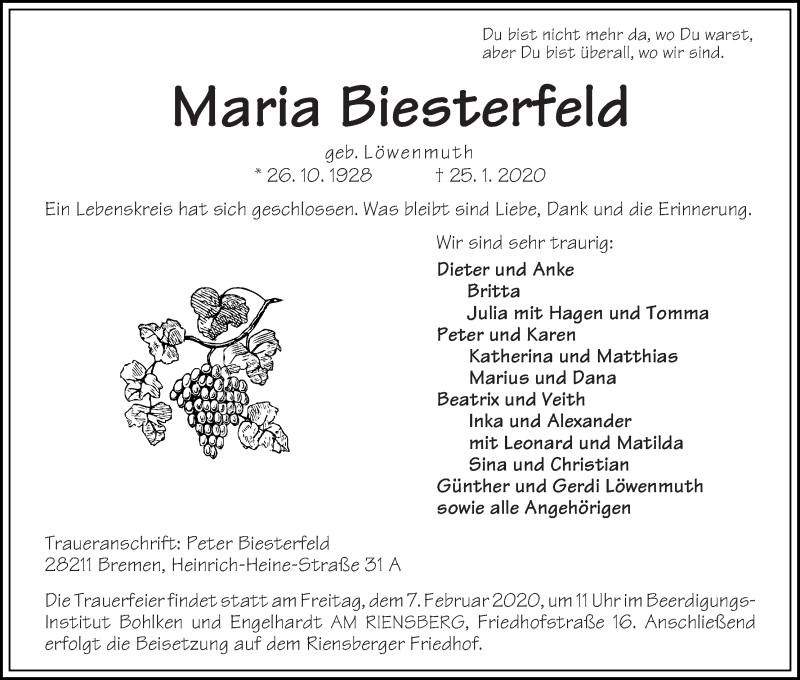  Traueranzeige für Marie Biesterfeld vom 01.02.2020 aus WESER-KURIER