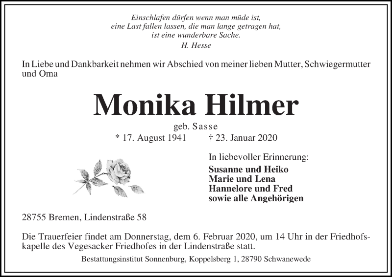 Traueranzeige von Monika Hilmer von Die Norddeutsche