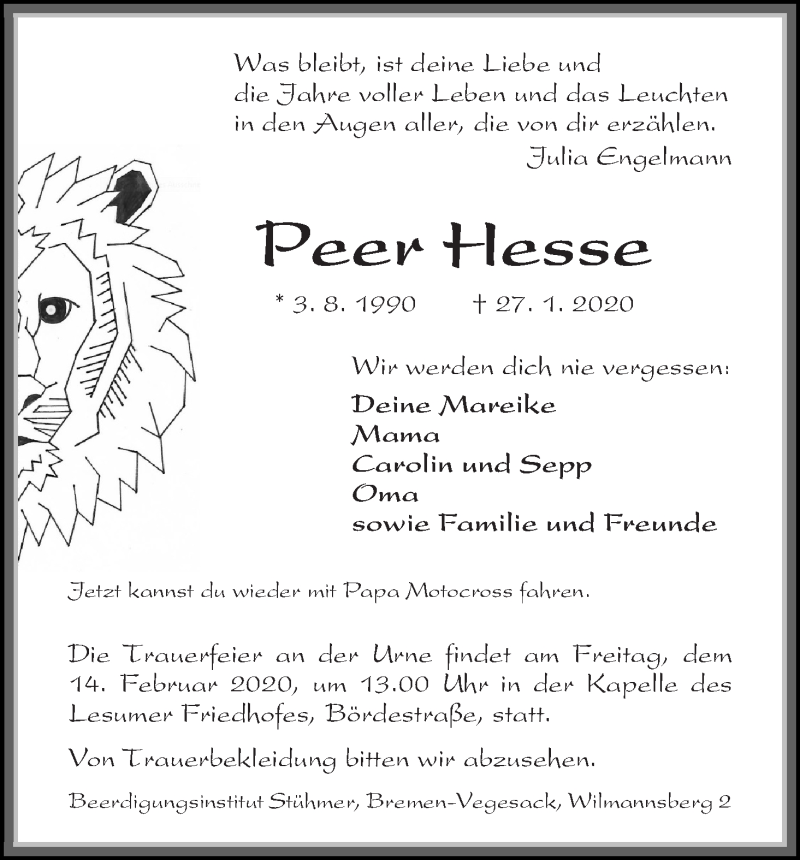  Traueranzeige für Peer Hesse vom 01.02.2020 aus WESER-KURIER