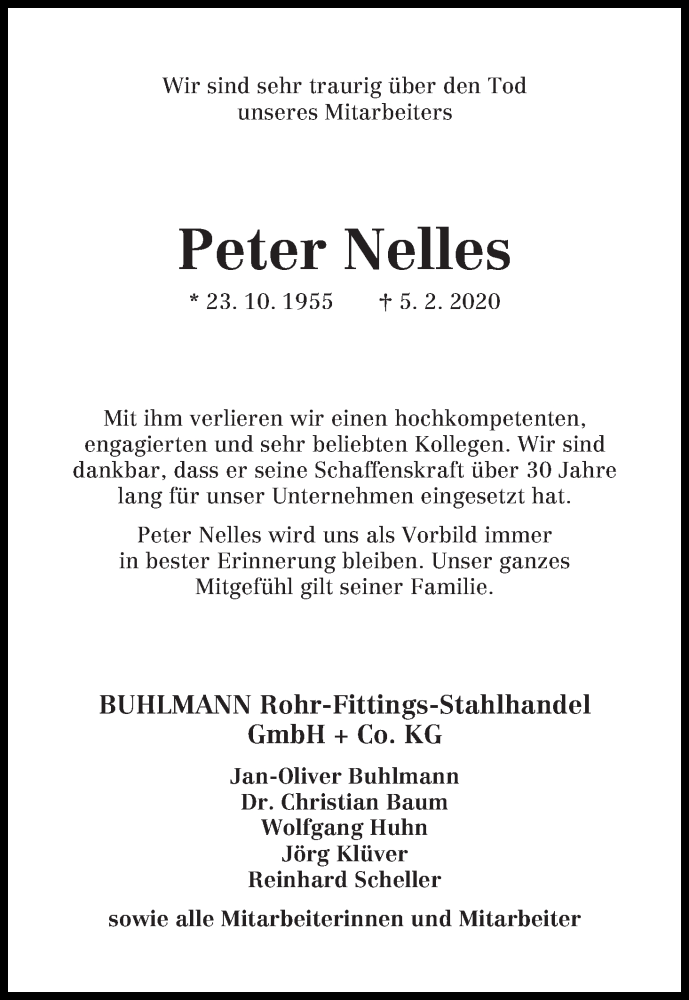  Traueranzeige für Peter Nelles vom 11.02.2020 aus WESER-KURIER