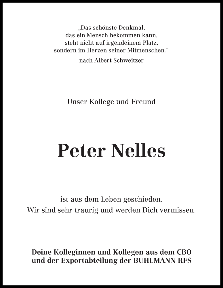  Traueranzeige für Peter Nelles vom 11.02.2020 aus WESER-KURIER