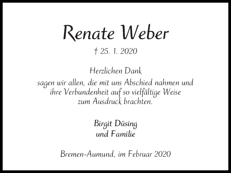  Traueranzeige für Renate Weber vom 22.02.2020 aus Die Norddeutsche