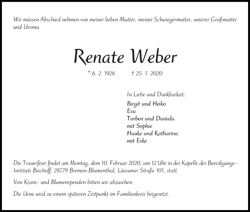  Traueranzeige für Renate Weber vom 01.02.2020 aus Die Norddeutsche