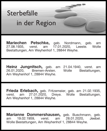 Traueranzeigen Von Sterbefälle In Der Region Ausgabe 01.02.2020 ...