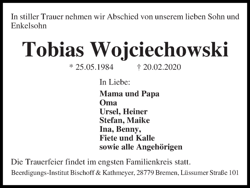  Traueranzeige für Tobias Wojciechowski vom 26.02.2020 aus Die Norddeutsche