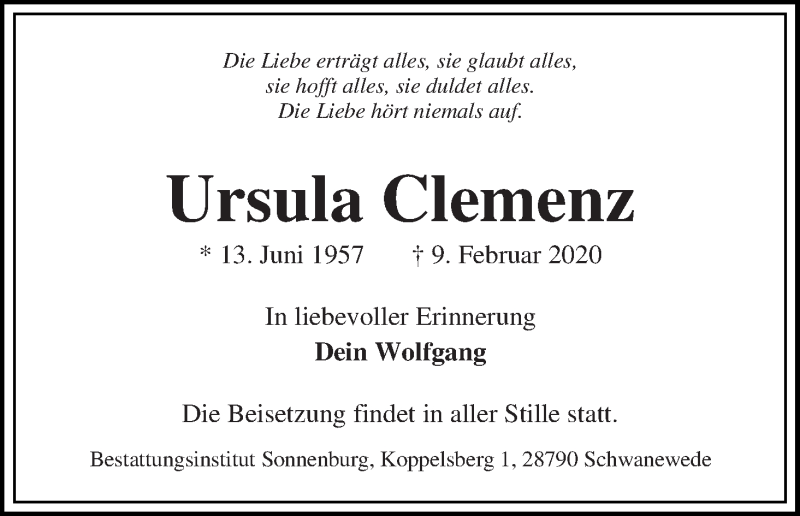  Traueranzeige für Ursula Clemenz vom 19.02.2020 aus WESER-KURIER