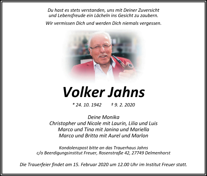  Traueranzeige für Volker Jahns vom 12.02.2020 aus WESER-KURIER