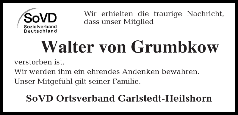 Traueranzeige für Walter  von Grumbkow vom 18.02.2020 aus Osterholzer Kreisblatt
