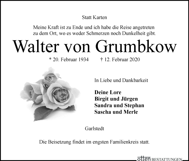  Traueranzeige für Walter  von Grumbkow vom 15.02.2020 aus Osterholzer Kreisblatt