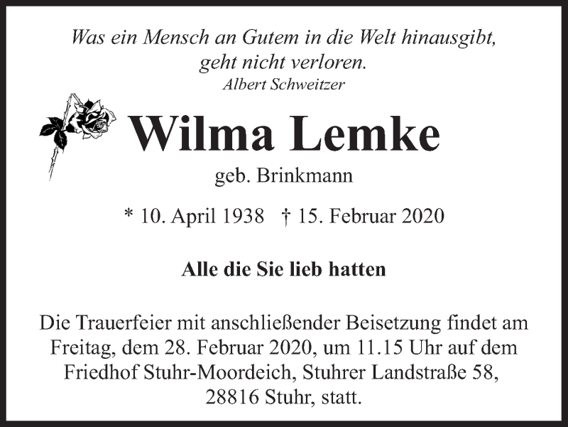  Traueranzeige für Wilma Lemke vom 22.02.2020 aus WESER-KURIER