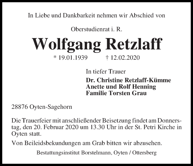  Traueranzeige für Wolfgang Retzlaff vom 15.02.2020 aus WESER-KURIER